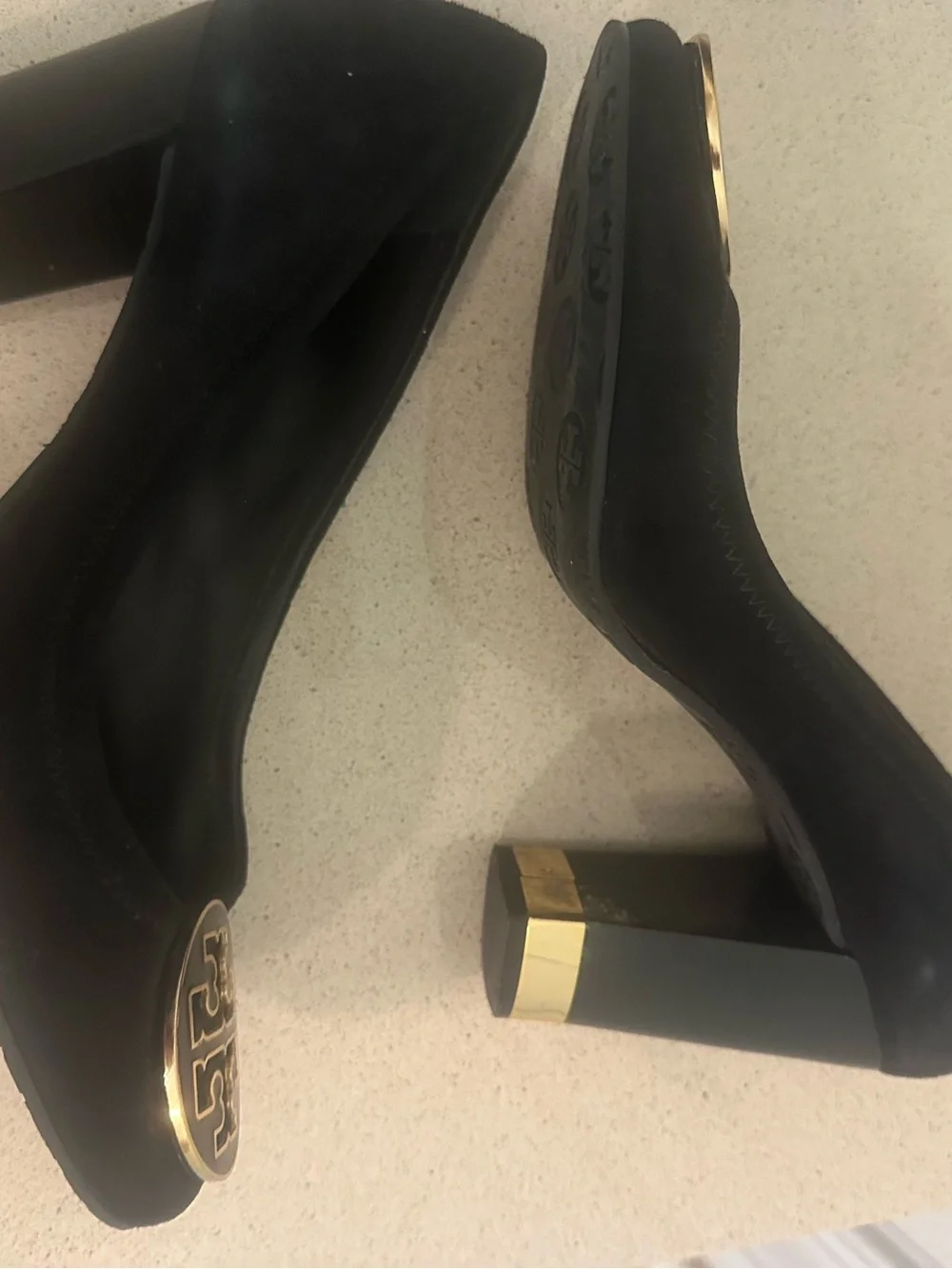 Tory Burch Black Suede Logo Block Heel Pumps Size 9